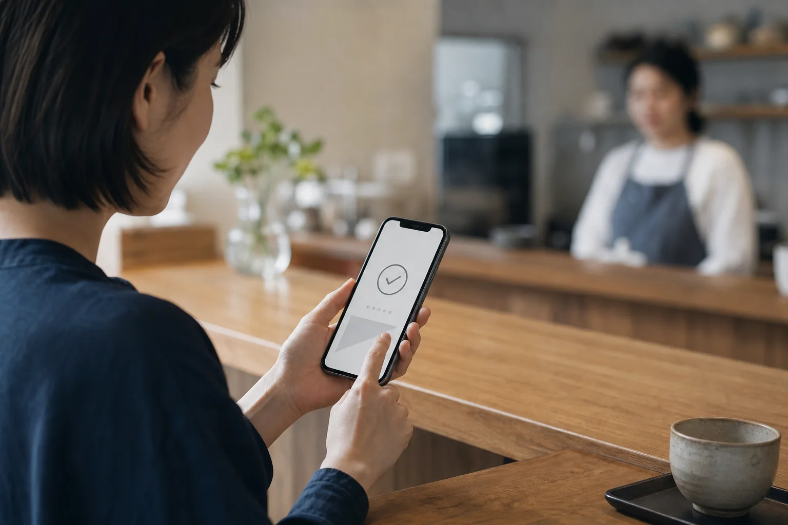 店舗でスマートフォンから予約を完了する利用者