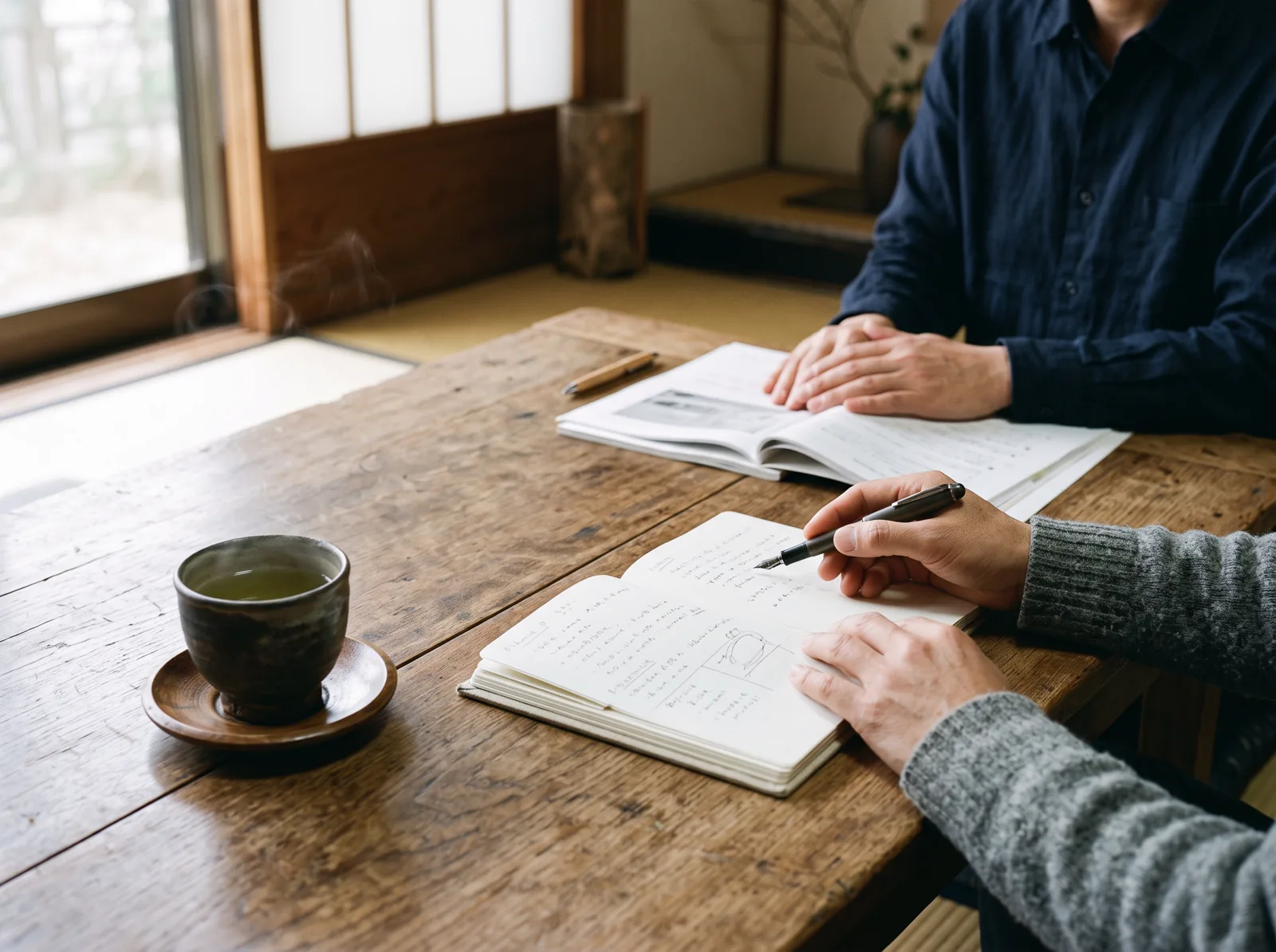 木のテーブルで向かい合い、お茶を挟んでノートに書き留めながら話を伺う打ち合わせの手元